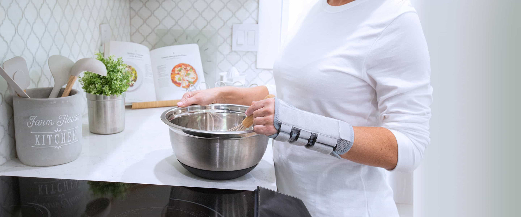 Wearing wrist brace cooking