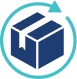 Blue box with a circular arrow around it, representing product returns or exchange process.