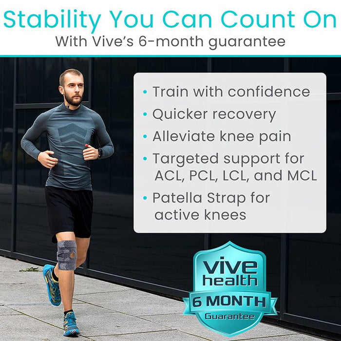Man running with the vive knee brace. Text featuring included 6 month guarantee