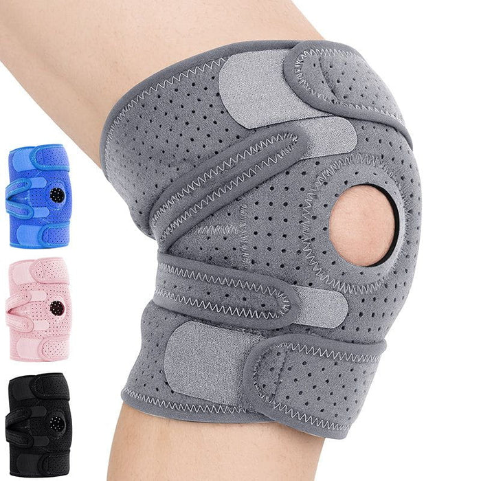 Gray knee brace on a person's knee with smaller knee braces in blue, pink, and black displayed below.