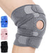 Gray knee brace on a person's knee with smaller knee braces in blue, pink, and black displayed below.