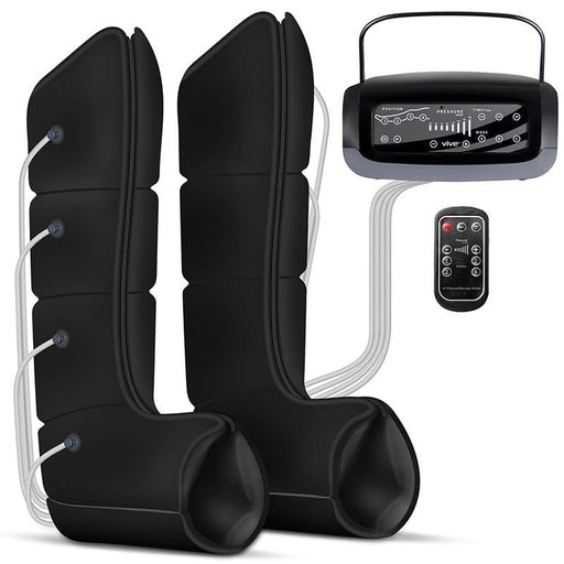 Black massage device with remote control and power button on a white background