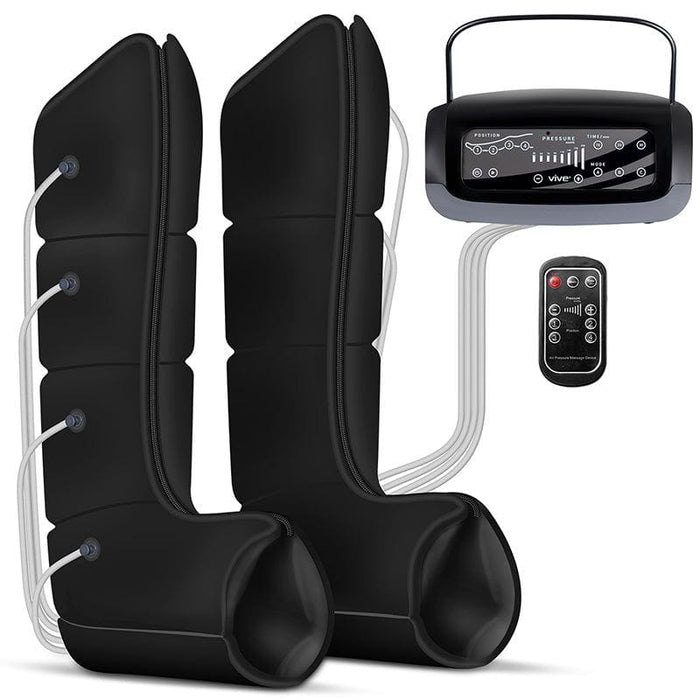 Black massage device with remote control and power button on a white background
