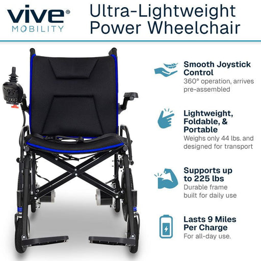 Vive Mobility Ultra-Lightweight Power Wheelchair with features listed on a white background
