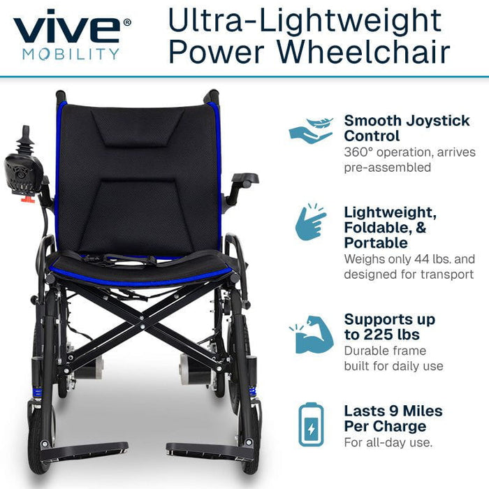 Vive Mobility Ultra-Lightweight Power Wheelchair with features listed on a white background