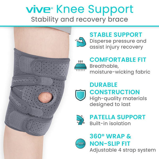 Gray knee support brace with features listed on a white background
