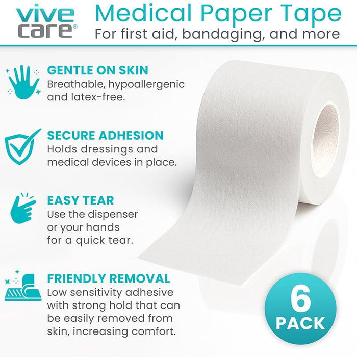 Vive Care medical paper tape with features listed including gentle on skin, secure adhesion, easy tear, and friendly removal