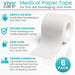 Vive Care medical paper tape with features listed including gentle on skin, secure adhesion, easy tear, and friendly removal
