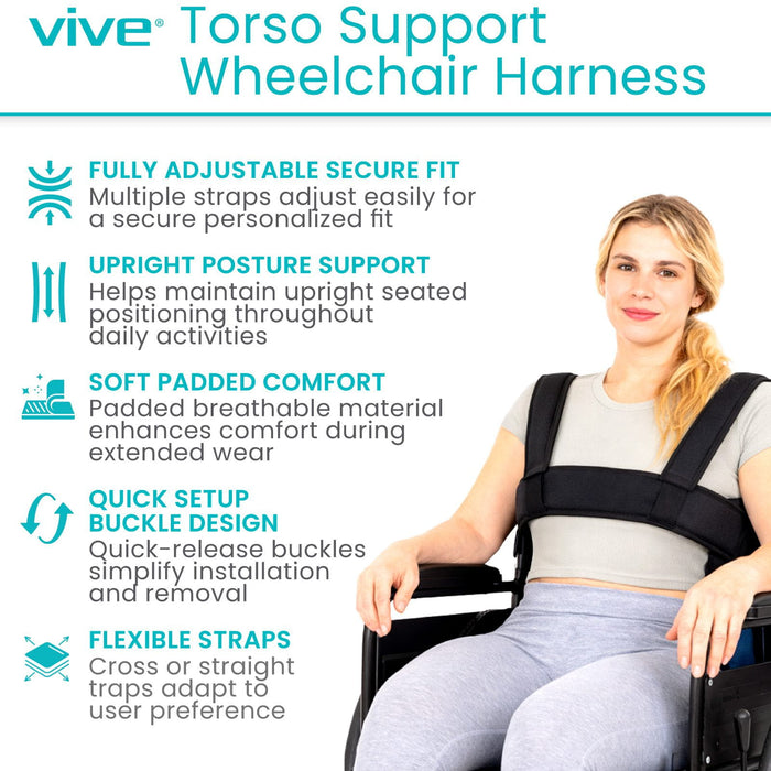 Vive Torso Support Wheelchair Harness with features listed on a white background