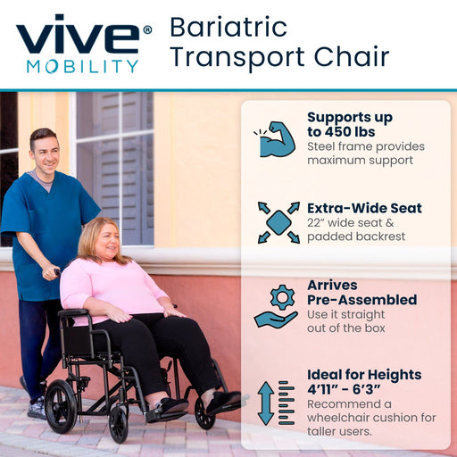Vive Mobility Bariatric Transport Chair with features like 450 lbs support, wide seat, pre-assembled, and ideal for heights 4'11” to 6'3”