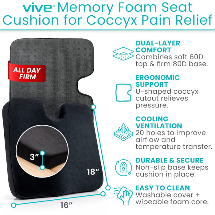 Vive Memory Foam Seat Cushion for Coccyx Pain Relief