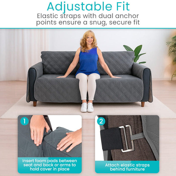 woman sitting on waterproof cover on couch featuring adjustable Fit