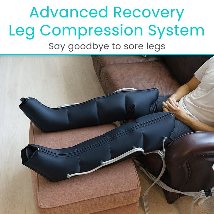 Advanced Recovery Leg Compression System being used by a person sitting on a couch.