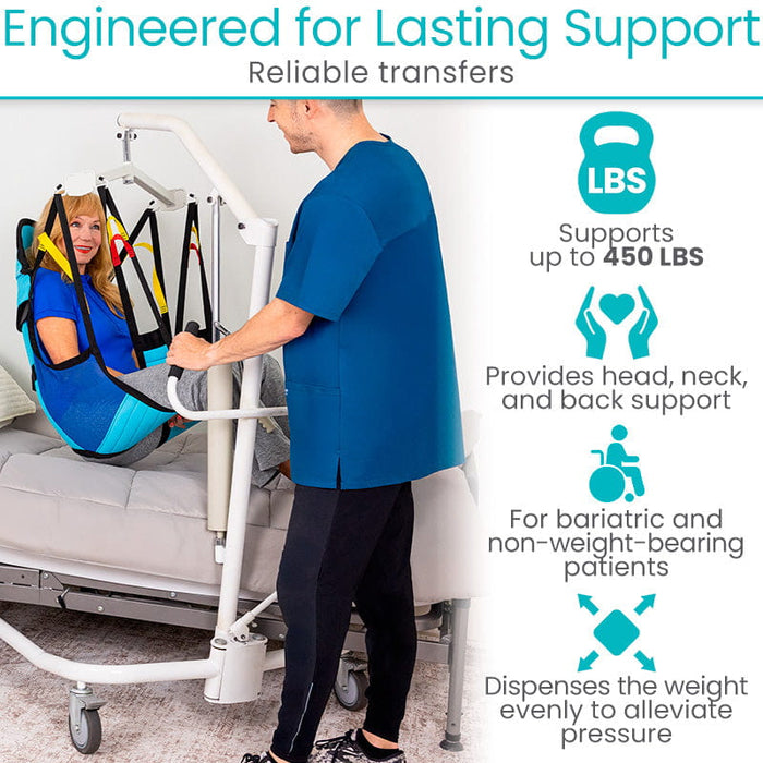 Person using a medical lift with a patient u-sling, highlighting features like weight capacity and support.