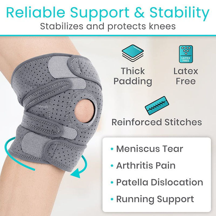 Gray Vive knee brace with text highlighting features and benefits
