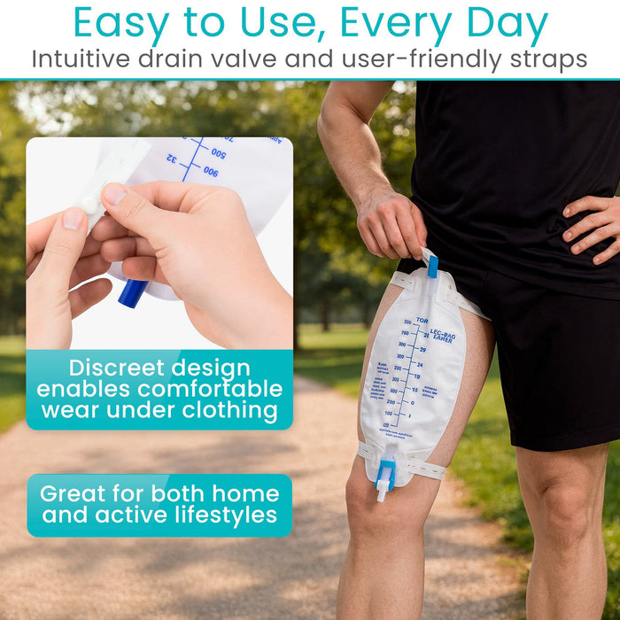 Catheter bag showing intuitive drain valve and user-friendly straps with text about comfort and versatility.