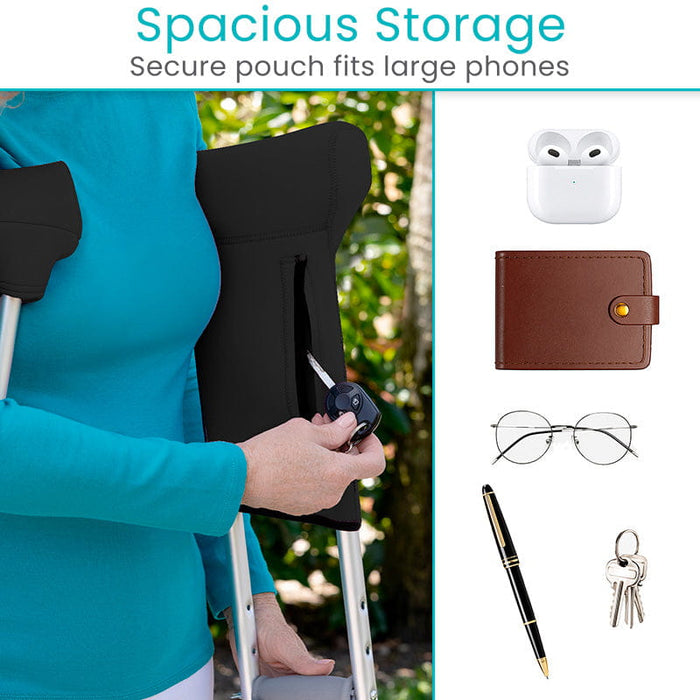 Person using a black secure pouch with text 'Spacious Storage' and 'Secure pouch fits large phones'.