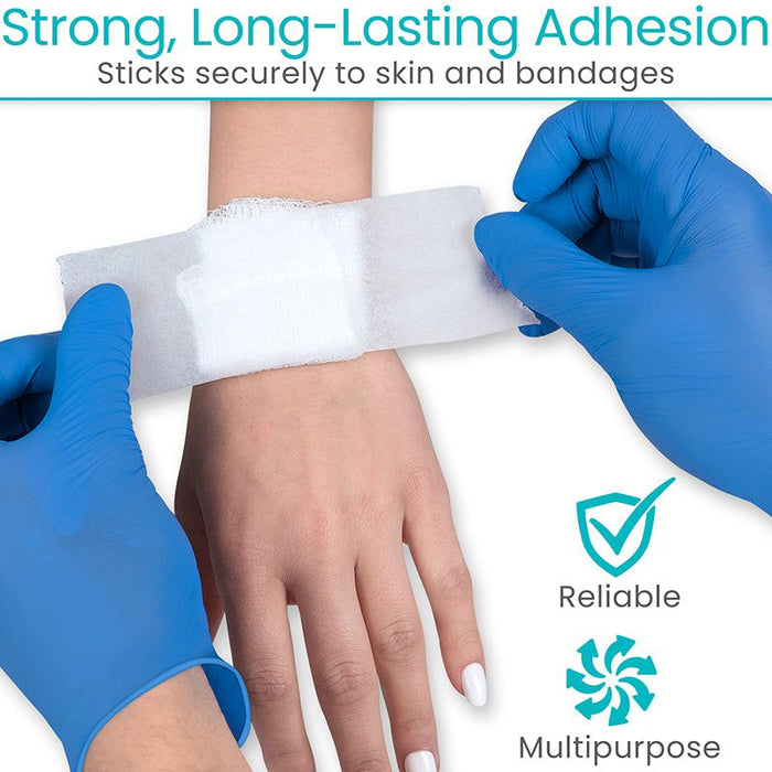 Person applying medical tape bandage with text about strong adhesion and reliability