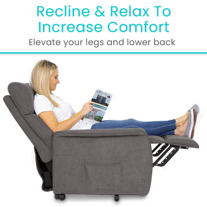 Recliner chair shown being used by a person, great for seniors, injury recovery & disabilities, with icons for each category