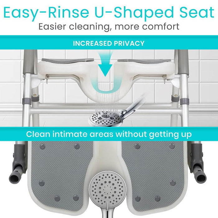 Shower chair with U-shaped seat for easier showering and personal hygiene 