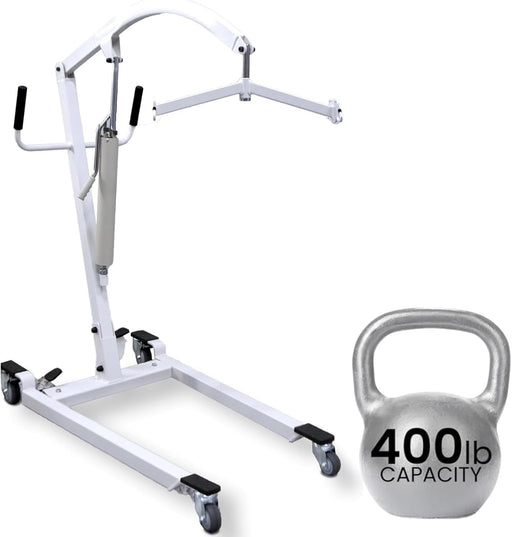 Hydraulic patient lift with white frame, two handles, 400 lb capacity, on wheels & a manual control handle for easy use.