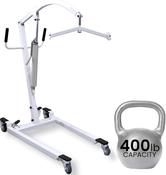 Hydraulic patient lift with white frame, two handles, 400 lb capacity, on wheels & a manual control handle for easy use.