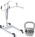 Hydraulic patient lift with white frame, two handles, 400 lb capacity, on wheels & a manual control handle for easy use.