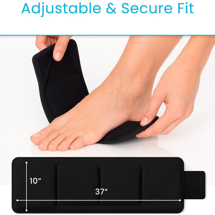 Black foot support device being worn on a foot with measurement details below.