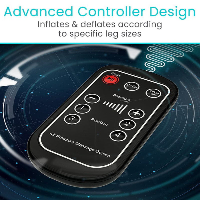 Black remote control for an air pressure massage device on a blue background with text about controller design.