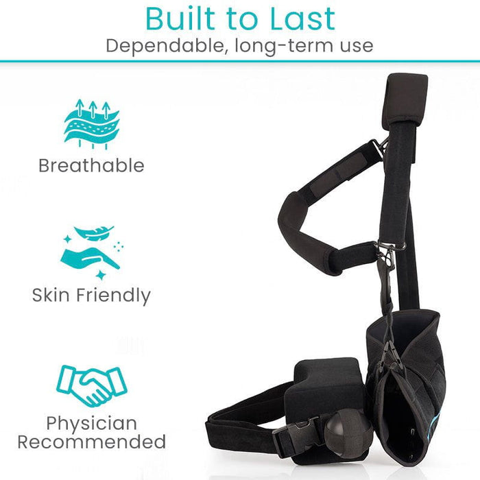 advanced abduction sling with highlighted features including breathable, skin friendly, and physician recommended 