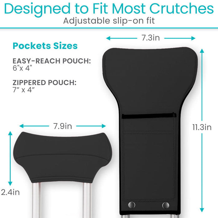 Black crutch pad with pocket sizes and dimensions labeled