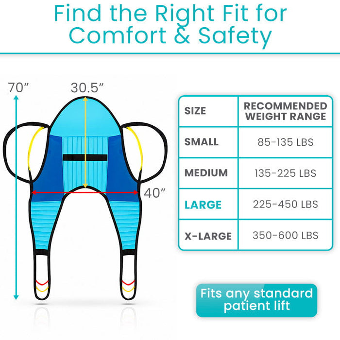Measurement chart for patient lift sizing with dimensions and weight ranges.