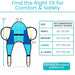 Measurement chart for patient lift sizing with dimensions and weight ranges.