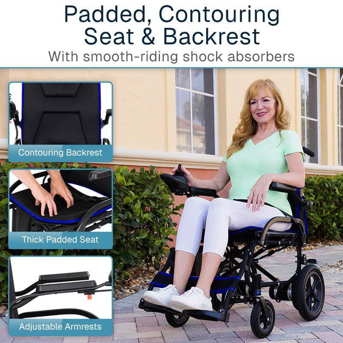 Woman using a power wheelchair with highlighted features like a padded seat and backrest, smooth-riding shock absorbers, and adjustable armrests.
