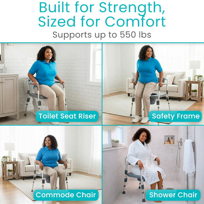 woman using 4-in-1 chair to serve various purposes throughout the home. Text stating frame supports up to 550 lbs.