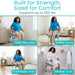 woman using 4-in-1 chair to serve various purposes throughout the home. Text stating frame supports up to 550 lbs.