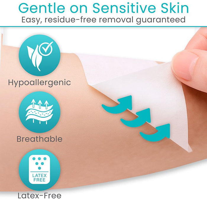 medical tape being applied to skin with text highlighting gentle on sensitive skin, hypoallergenic, breathable, and latex-free features.