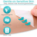 medical tape being applied to skin with text highlighting gentle on sensitive skin, hypoallergenic, breathable, and latex-free features.