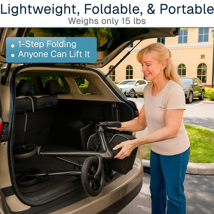 woman loading folded rollator into truck of car with ease