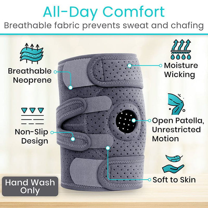 Gray knee brace with breatable, moisture wicking, non-slip, and open patella features highlighted 
