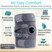 Gray knee brace with breatable, moisture wicking, non-slip, and open patella features highlighted 