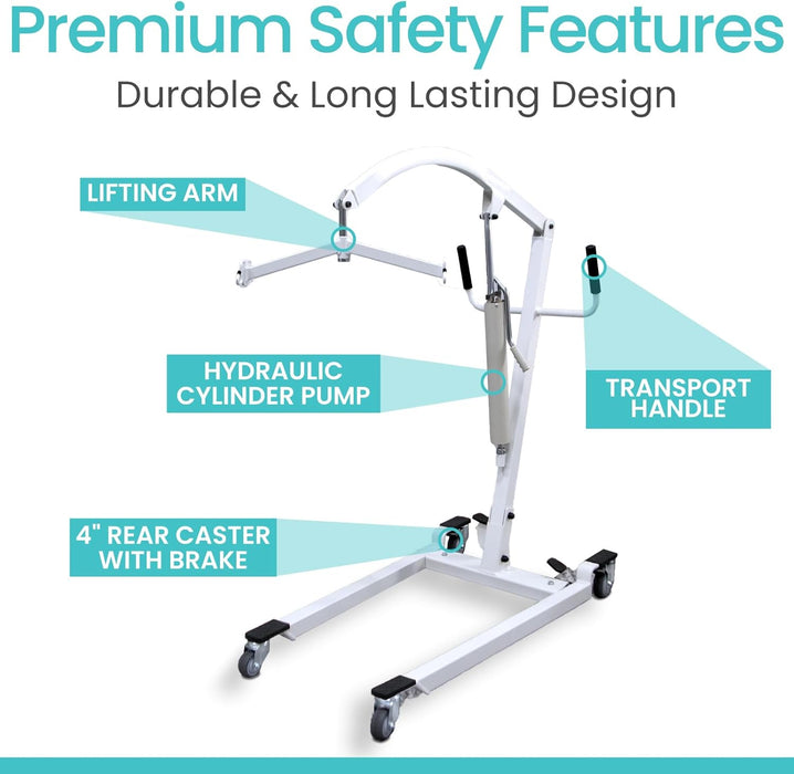 Patient lift with premium safety features: lifting arm, hydraulic cylinder pump, transport handle & rear caster with brake