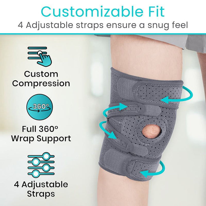 Gray knee brace with adjustable straps on a person's knee, highlighting customizable fit features.