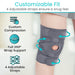 Gray knee brace with adjustable straps on a person's knee, highlighting customizable fit features.