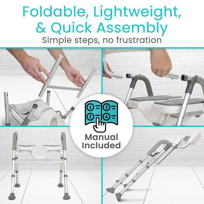 Foldable, lightweight shower chair with easy assembly instructions and manual included.