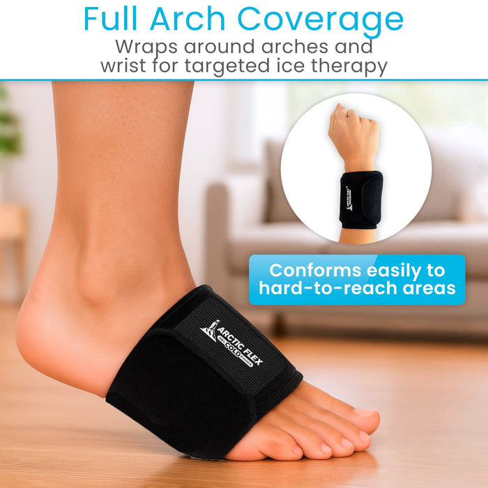 Black ankle support wrap on a foot with text about full arch coverage and targeted ice therapy.