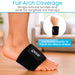 Black ankle support wrap on a foot with text about full arch coverage and targeted ice therapy.