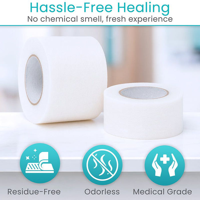 Two rolls of medical tape with icons and text highlighting features on a blurred background