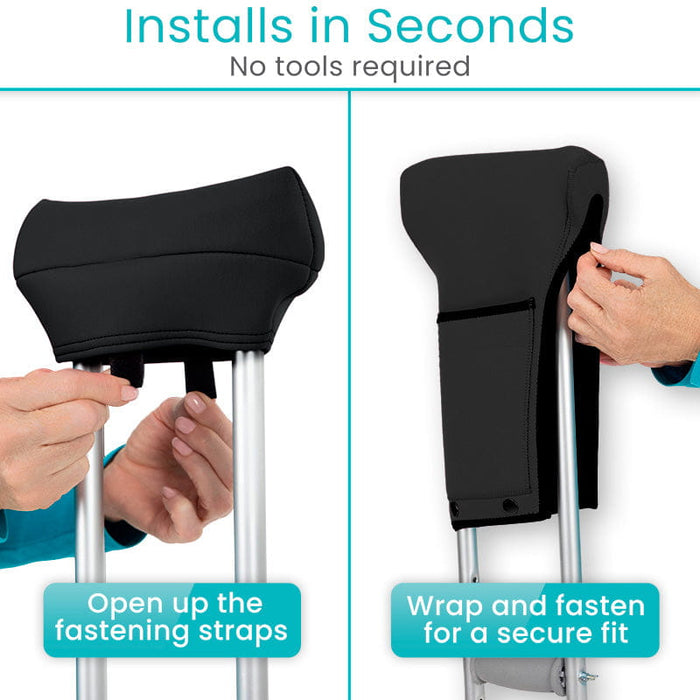 Instructions for installing a black crutch cover on crutches with text indicating 'Installs in Seconds' and 'No tools required'.