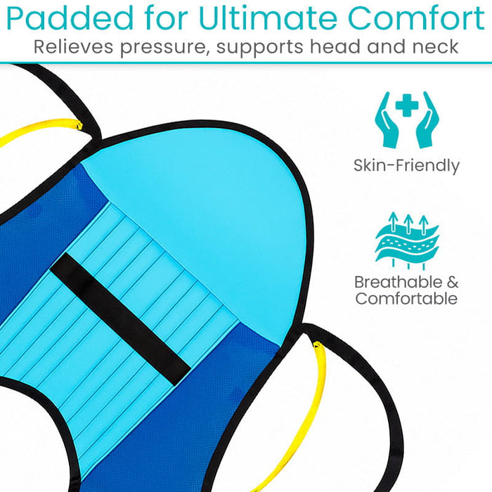 Highlighting the interior padded material that provides comfort relieves pressure, and supports the head and neck